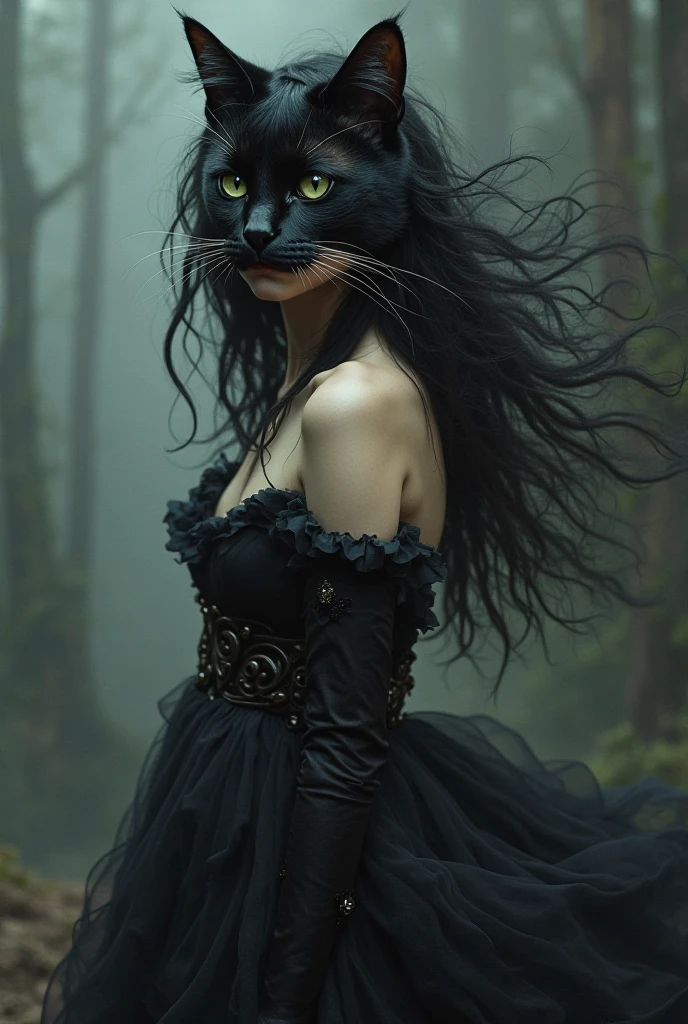 drawing of woman with black cat face full body