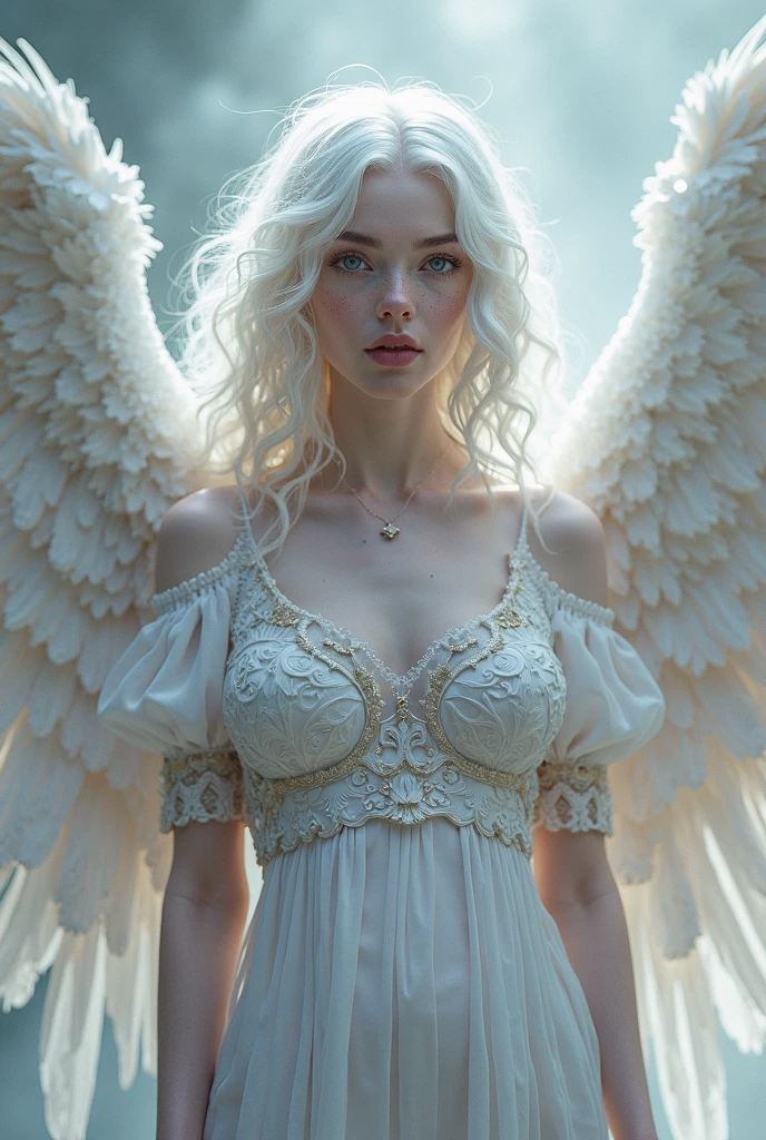 (beautiful金髪女性, beautifulAngel, whole body:1.3),(White skin:1.8),(beautiful小さな胸:1.35),(Angelの輪, Angelの羽根:1.4), beautiful, masterpiece, Beata Undine, Angel, Angelの輪, Highest quality, Highly detailed face, Looking at this, (A thin, sheer long dress, The skin is transparent:1.4),  Perfect lighting, 1人のbeautiful女性, alone, , Sitting, blush, sky heaven clouds