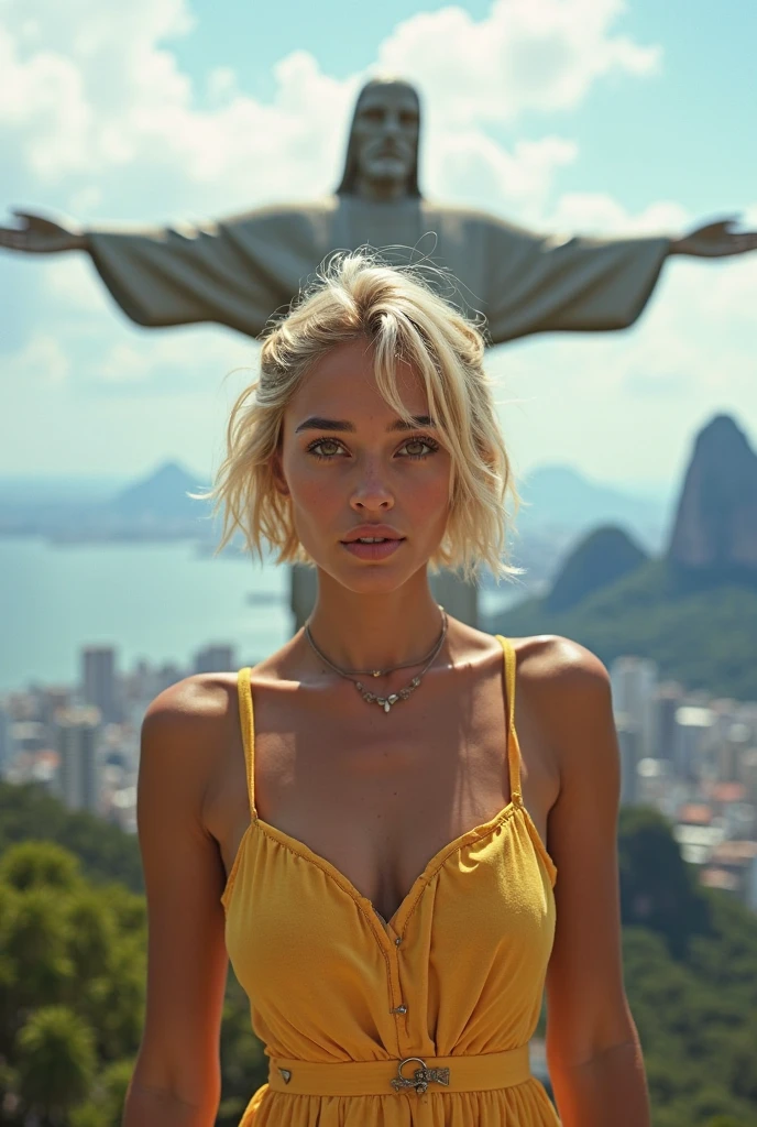 (((best qualityer))), highly detailed, high resolution. 2 female, blondie hair, clear green eyes, fleshy lips, heavy makeup, lots of people in the background and the statue of Christ the Redeemer as a backdrop