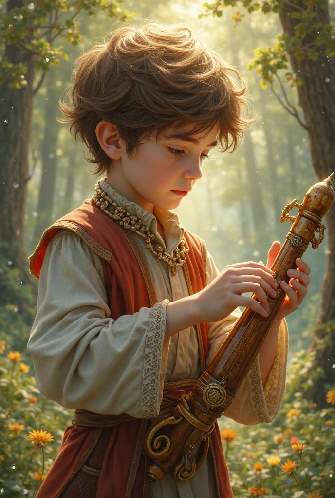 young boy , Medium Brown Hair with Messy Fringe Hairstyle., bright magical blue eyes, painting magic, magic paint brush, ancient magic use, White dress, medieval times, love detail, good quality