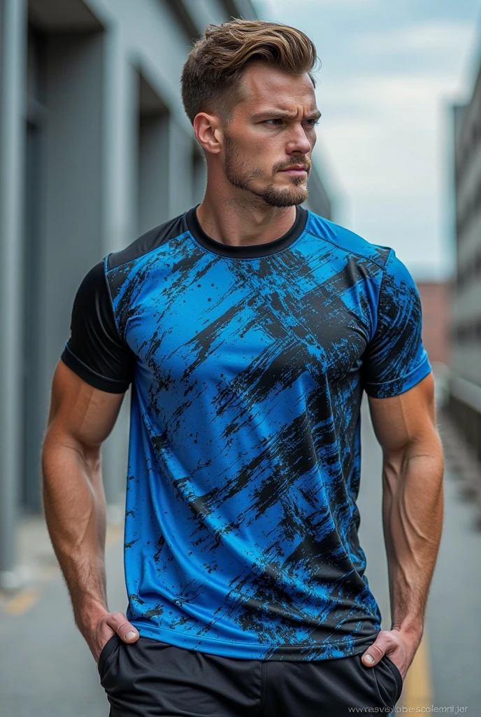 Personalized sports shirt front and back, colors blue, black and gray