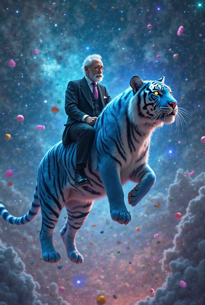 Sigmund Freud riding a floating blue tiger in a space raining candy