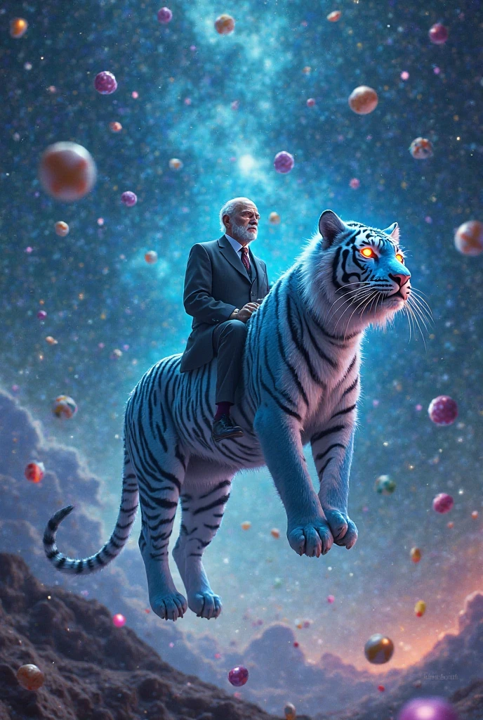 Sigmund Freud riding a floating blue tiger in a space raining candy