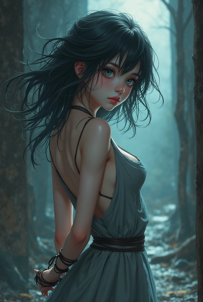 Masterpiece, Beautiful art, professional artist, 8k, shy expression, very detailed face, 2 girls, completely naked, view from behind, perfect ass, standing, BIG BREASTS, perfectly drawn naked body, pale skin, shy expression, beautiful face, long black hair, 4k eyes, very detailed eyes, pink cheeks, choker:1.6, Sensual Lips, show details in the eyes, dark forest, Atmosphere, fog, At night