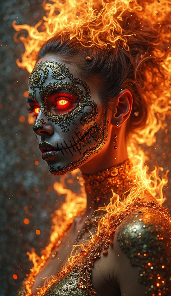 woman with glowing neon red eyes, A face adorned with makeup or complex art, resembling a decorated skull, often associated with Day of the Dead celebrations, with designs detailed in gold adding an ornate touch. The hair on fire Her body composed of shiny embers and flickering flames radiating intense energy. Dramatic lighting and metallic reflection on the skin create a futuristic effect