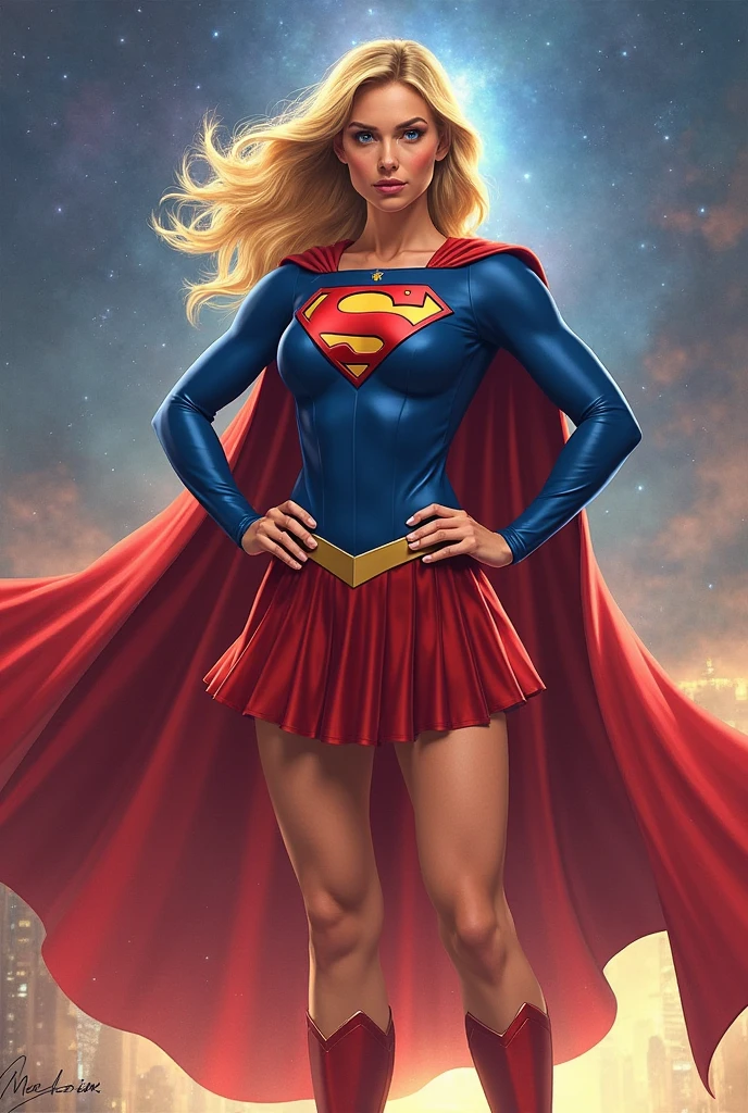 A beautiful woman with long blonde hair wearing the Kryptonian Kara Zor-El alias Supergirl costume. Blue and red leather jacket, red leather corset with the Superman emblem on her chest, red leather pants, red knee-high boots with gold trim, long gold bracelets.