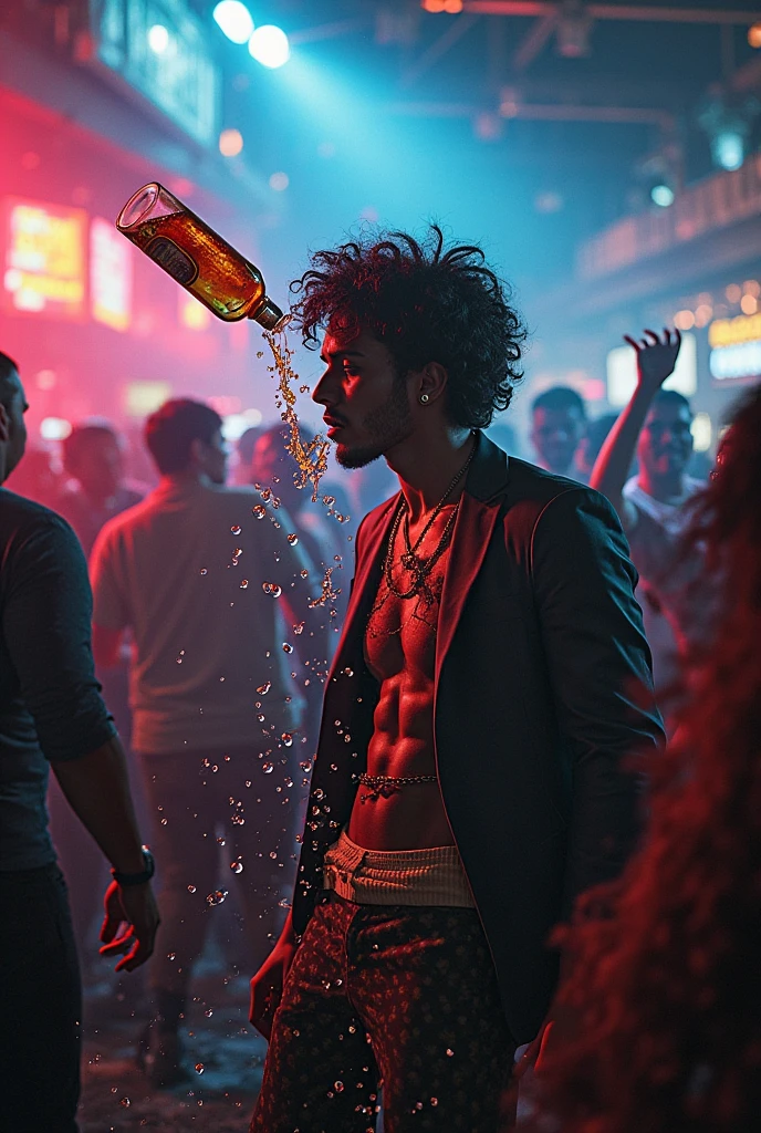 muscular Vin Diesel,shirtless,holding sparklers,party scene,night time,colorful lighting,dynamic pose,crowd in background,neon lights,confetti,disco ball,upbeat music,high energy