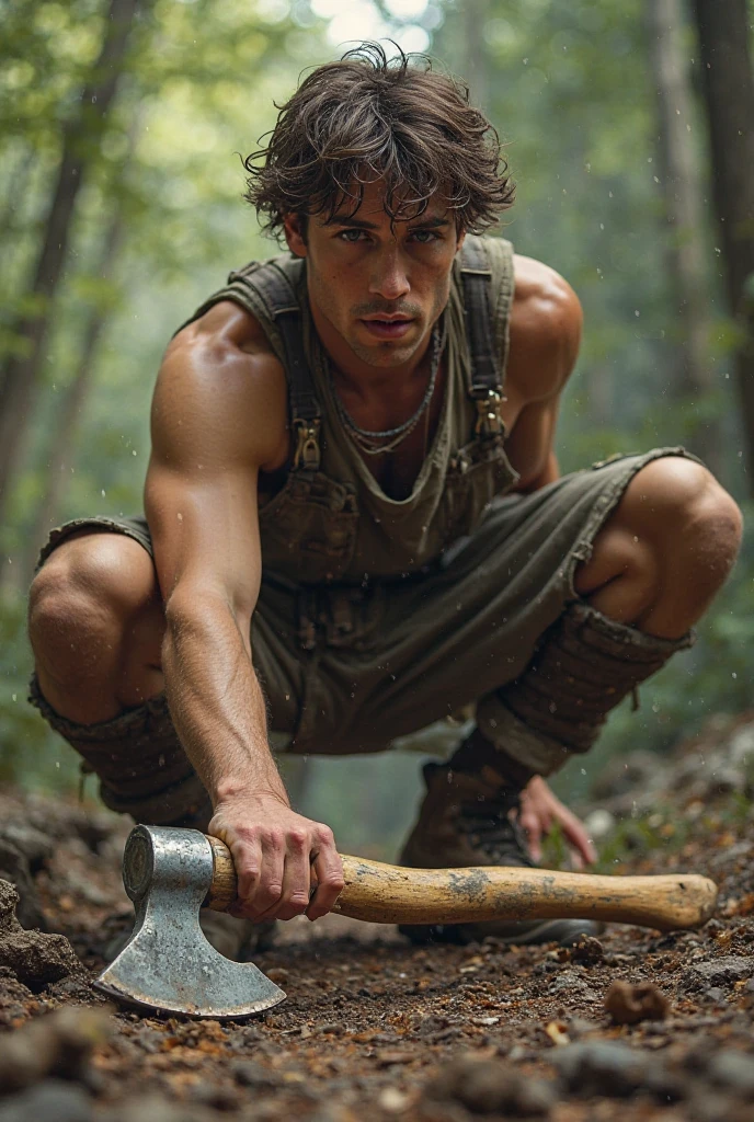 handsome young man, beautiful face, white skin, soft, slim, short hair, shirtless, in a jungle gathering firewood, carrying wood on his shoulder, an axe in his left hand, in the middle of the jungle behind him a house
