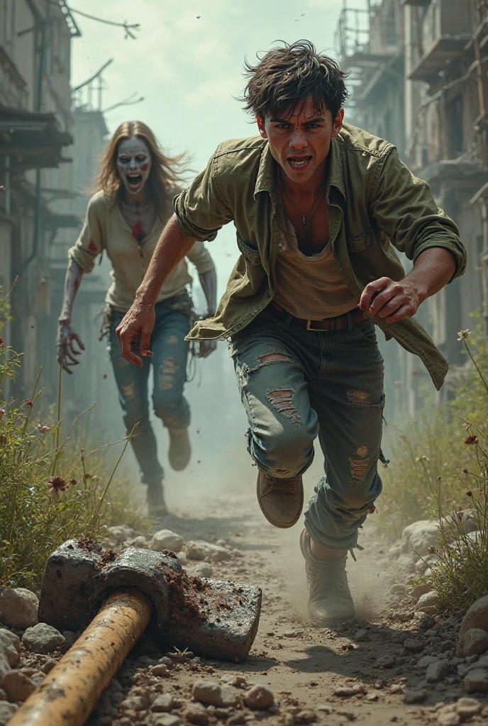 Create a woman in a pink blouse and denim shorts with long black hair loose with bangs and guns in her hands, protecting your 3 year old son, blue T-shirt, blond hair a little voluminous, are facing away looking at a bunch of zombies, Estilo The last of Us