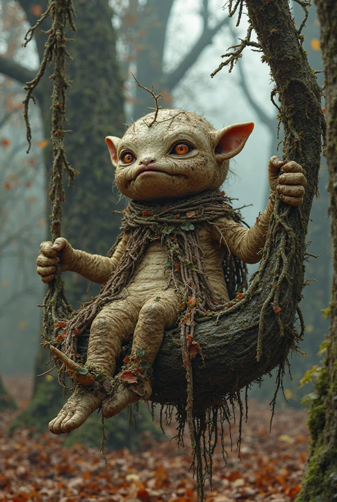 Reality, dark fantasy style, John Tolkien style, Small painting by Jean-Baptiste Monge, portraite of a, small gremlin that looks like a gopher, large semicircular pointed ears, shaggy , Sand-colored wool, dressed in a knitted sweater with a hood, woods, peeks out of a hole, burrow in huge oak roots, big roots, looks out of the hole, woods, Jean-Baptiste Monge, anthropomorphic --ar 2:3 --testp -optimistic;