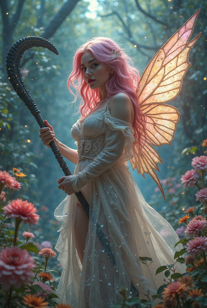 female fairy with curly pink, slightly ashy hair, pale skin color, Blue eyes, An insult, in a nightgown, dark fantasy character design, epic exquisite character art, dark fantasy art, with the appearance of Freya Allan, dark fairy full view, Amazing character art. Dragonfly wings, squatted down