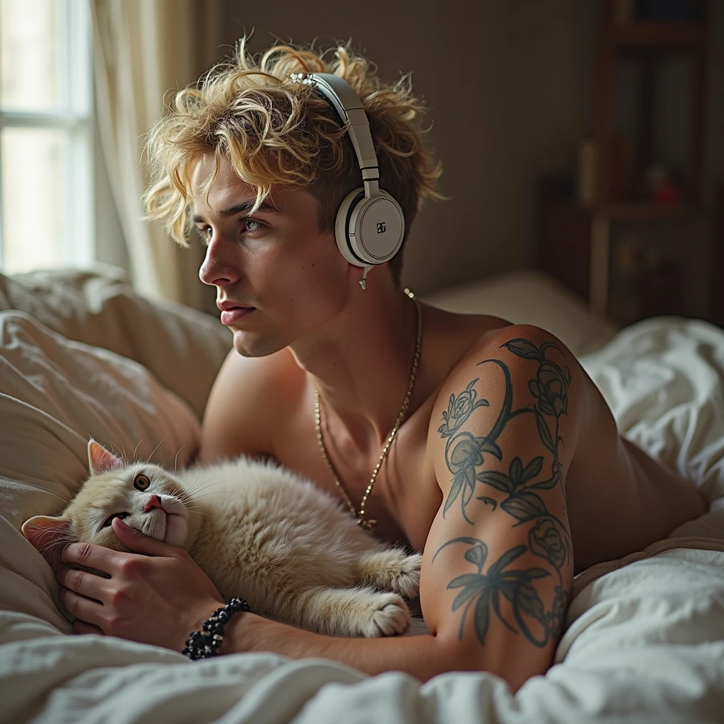 Masterpiese, best quality, man, Handsome,Baggy pants,Street fashion,18-year-old,Blonde,center-parted hairstyle , tattoo, Double eyelids,looking away , Headphones, lying on a bed with a natural curve in the body , viewed from the side , holding a cat , kissing the cat