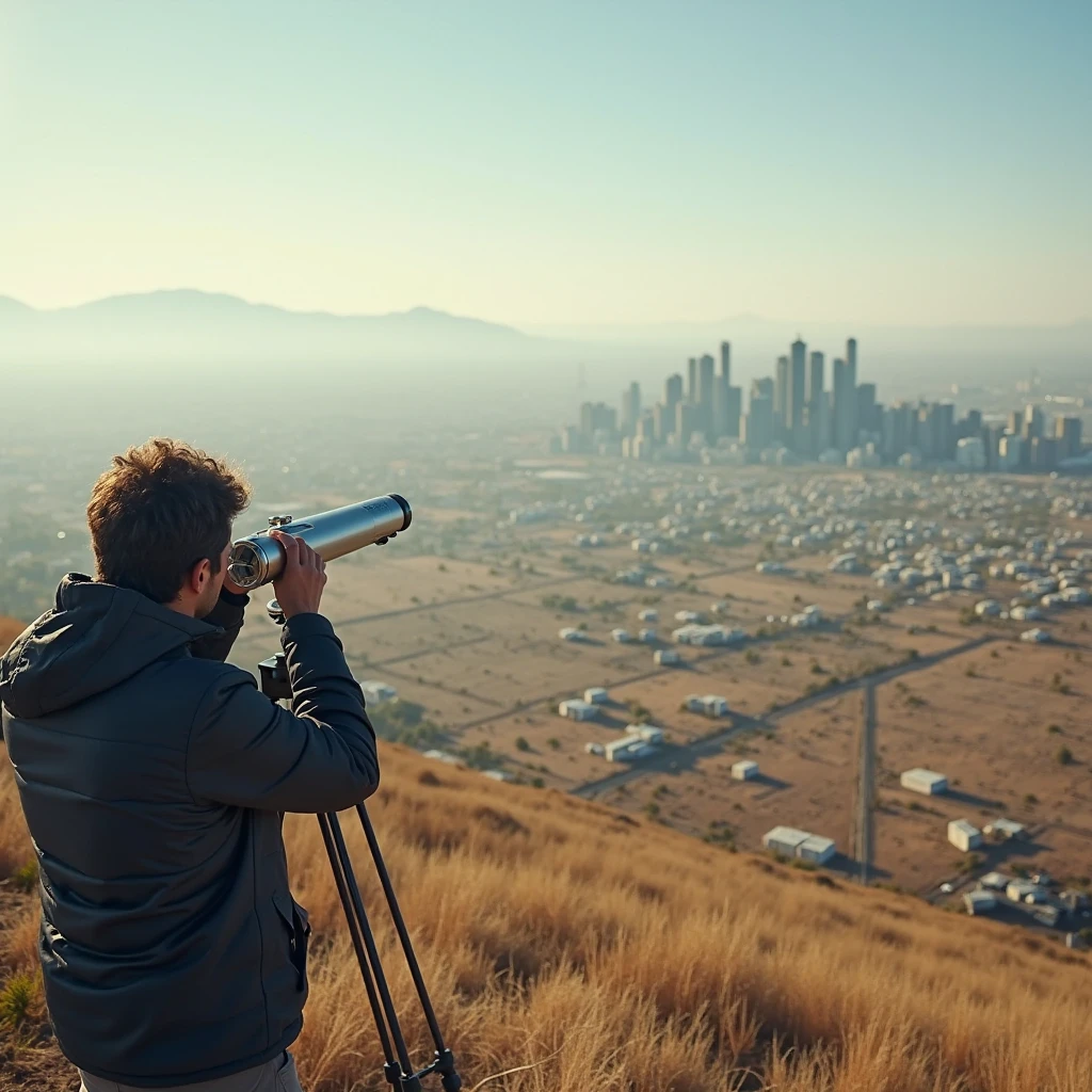there is a man looking through a telescope at a motorcycle, astrophotgraphy, cinematic shoot, photograpgy, high quality upload, cinematography photo, profesional photography, is looking at a bird, astronomical imaging, photography at night, captured on canon eos r 6, shot on canon eos r 5, shot on canon eos r5, cinematic look , dont edit the face