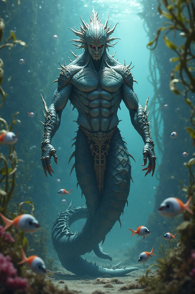 (superfine illustration, Best Quality, Ultra-detailed, Correct delineation, medieval fantasy), (fish man, male focus, solo, scale skin, protective blue skin, webbed fingers:1.5), smirk at viewer, belligerent attitude, canine tooth, feel uplifted, seabed as background, narwhal horn at forehead,