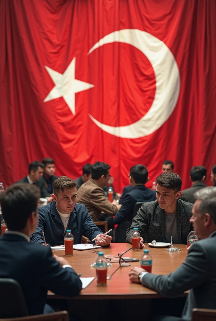 Realistic two boys whose wear black suit and sitting on the table in the court room
In the background has two flags of uzbekistan 