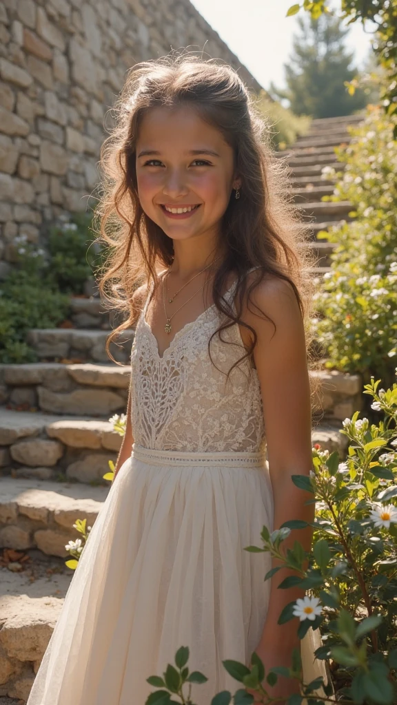 ((high resolution)), ((pale skin)), freckled, brunette ((11 year old)) girl, with blue eyes, blushing cheeks, wavy hair, smiling, naked, as a fantasy warrior, dress