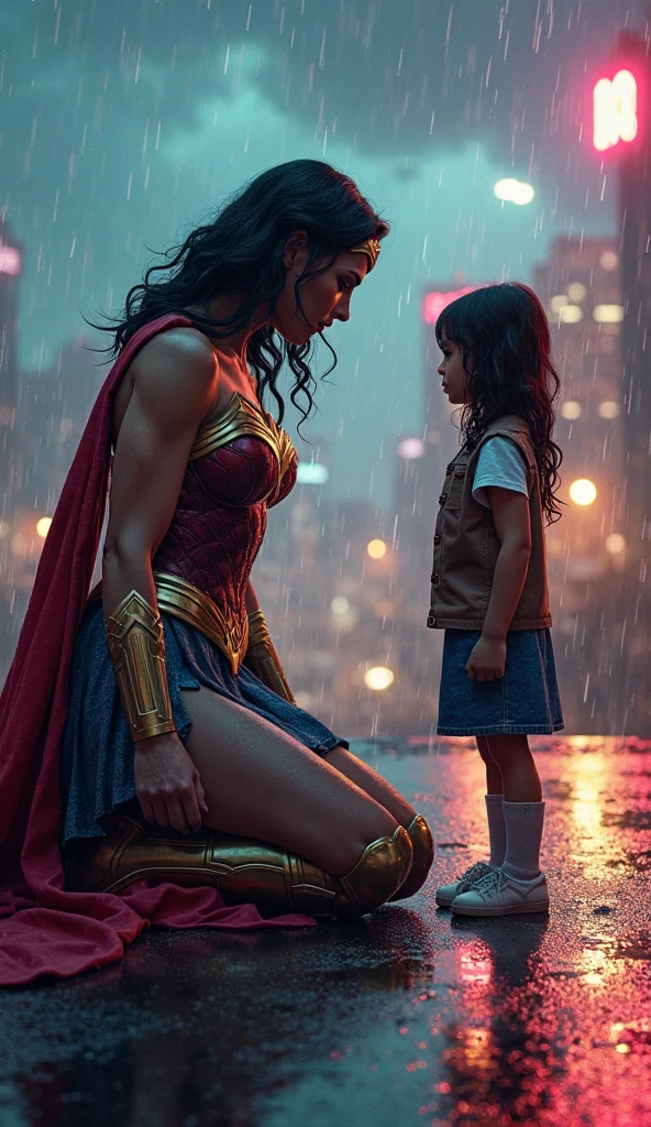 Young boy with hoodie Vs. Wonder woman (Big tits), Fight, power, fiction, full body, 2 person