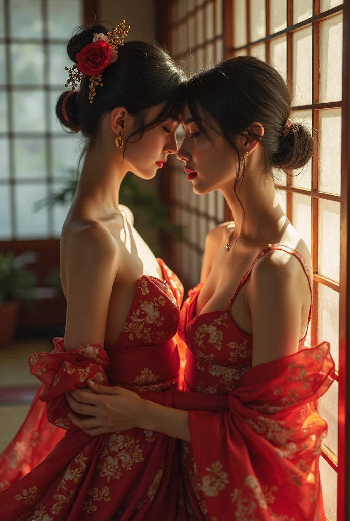 ((Best quality, 8k, Masterpiece :1.3)), Sharp focus:1.2 ((Beautiful two geisha two girl. in kimono.bare shoulders,)) Kiss. Bite your lip. Hug. Romantic, in the room. Full Body_mix4, 20d, solo, photo-realistic:1.37