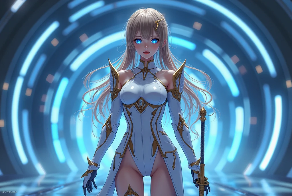 (((From face to the waist view::1. 4))), realistic skin texture, front view::1.0, (((Final Fantasy aesthetic style))) in complex & hyper detailed white fantasy armor (((wild glow effect))), panning photography::1, gold hour illumination, short white hair & long braid, (masterpiece), best quality, perfect face, 8k