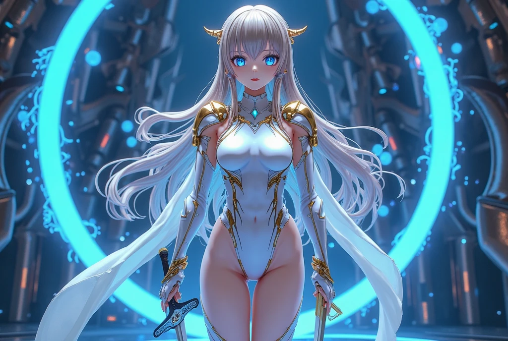 female, skin part is only face, silver metal skin, full metal robot body, mechanical parts, electronic wire, cum in pussy, high quality, medium breasts, long hair, tall, thigh gap, full body metal skin, wet, cum in pussy, metallic tits, separated breast, under repair, anatomical body, unreal engine