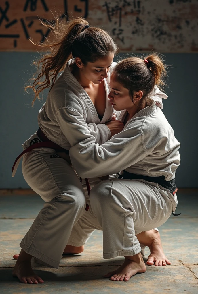 ((mejor calidad)), ((obra maestra)), (detallado), cara perfecta,two women fight on the ground in a judo match in the foreground. One is an African woman dressed in blue judogi and the other is a blonde white woman dressed in white judogi.