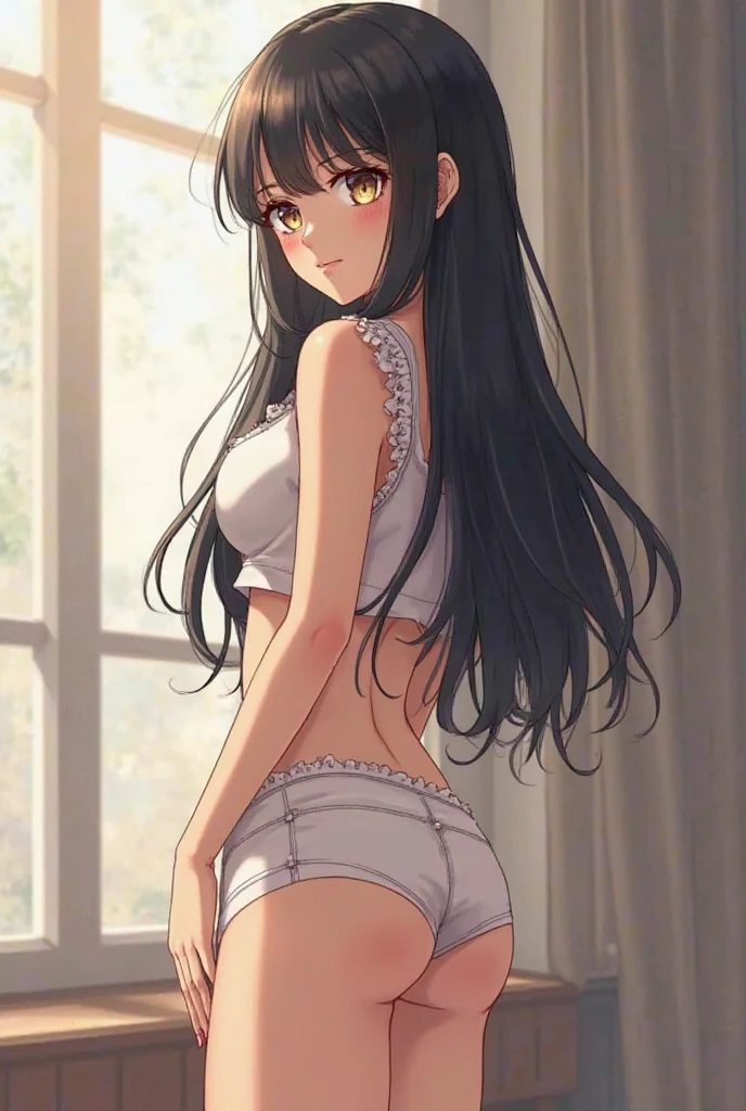 absurderes,(masterpiece、top-quality、8K ),intricate detailes,ultra-detailliert、1shita, (trap ,Otokonoko, Tom Girl:1.2), Solo, Male Focus, Very long hair, Cute anime face, Indoor, ( flat chest, bulge:1.2),midriff peek,((blush)), Black hair, Purple eyes, (White camisole、shortpants:1.3),hyper realistic,perfect anatomy