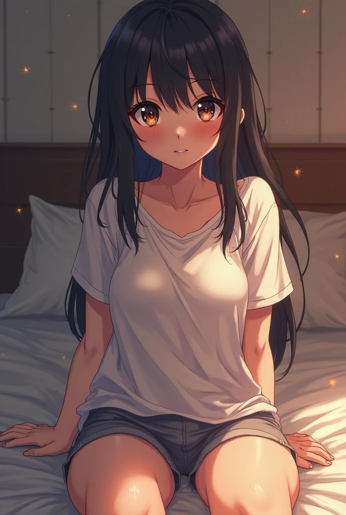 masterpiece、highest quality、High resolution、Very detailed、Medium wide shot、Cowboy Shot、Girl、morning、Waking up、Lying hair、Sleepy eyes、Yawning、Close one eye、White tank top、oversized clothes、hot pants、Scratching the body、Hands behind head、