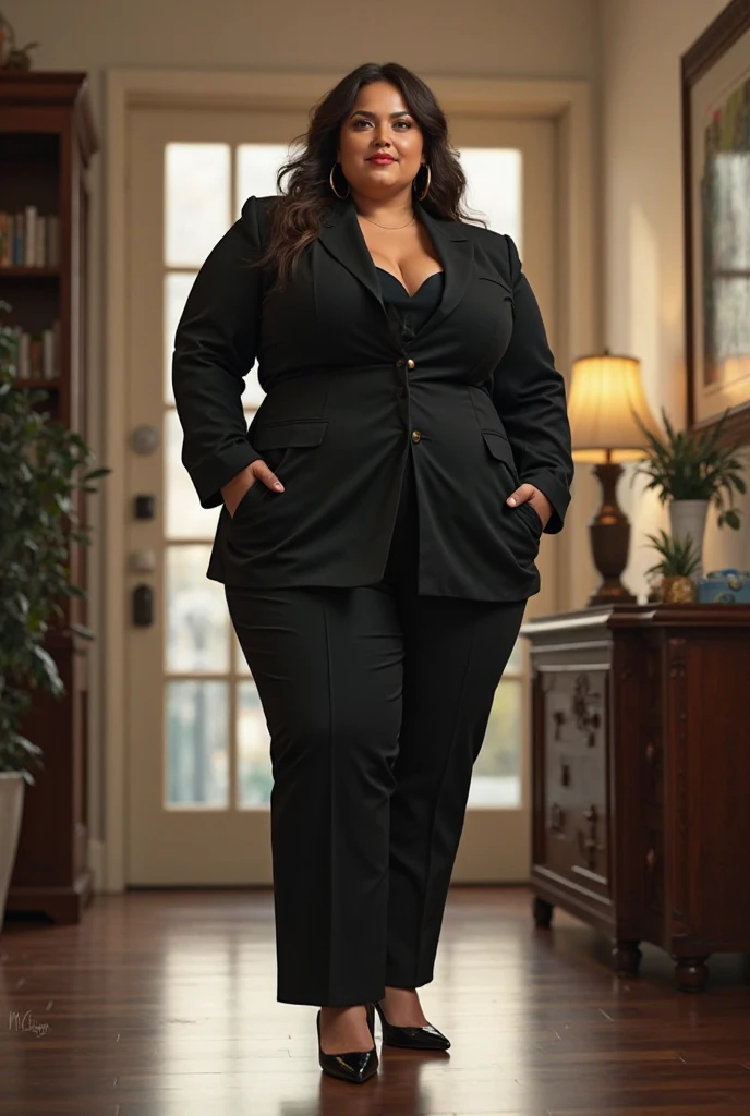A realistic image of a curvy Caucasian woman. She is 35 years old. Her tits are very big and voluptuous. Her hips are very big and wide. She is wearing formal pants and a fitted shirt and a formal vest. She is standing facing the camera. She is in a room
