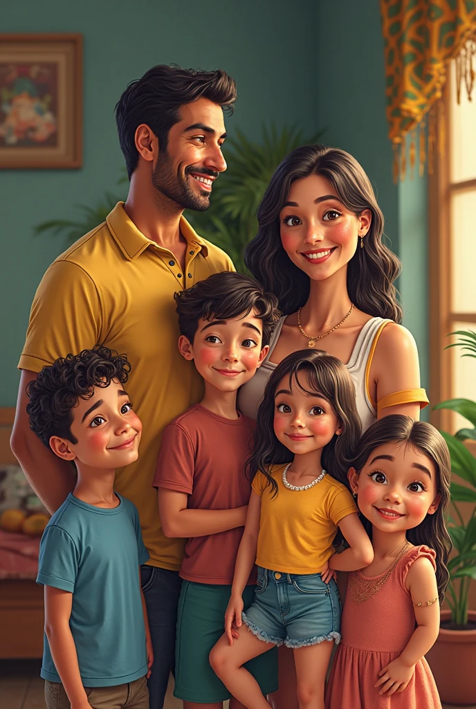 Create an image of a family of 4 people, 2 fathers and 2 girls, A 9-year-old girl and a 7-year-old girl and their 3 parents, The father is tall and chubby and the mother has cinnamon skin and medium height.; The 9-year-old girl looks like her father and the  looks like her mother. The mother&#39;s hair is wavy and has a Latin appearance. The father is beardless and Latin and the  girl is chubby and has a Roman cat.