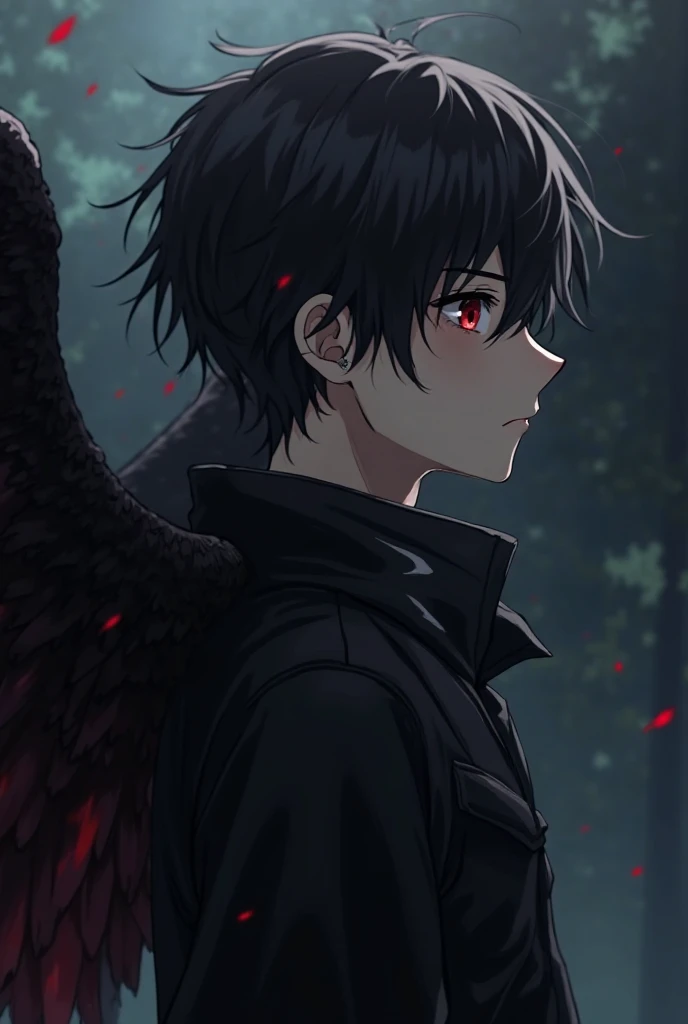 A 16 year old boy, dressed like a soldier but in a black uniform, with a soldier's weapon, with dark brown hair and dark blue eyes, look and smiling expression a little psychopathic, with blood stains on the face, with black gloves, anime style, He looks slightly annoyed but smiles with an air of superiority and his face is slightly shadowed., her pupils of eyes like red diamonds, Anime style the boy, that is in a dark, with angel wings