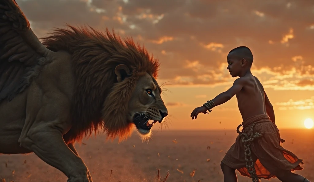 A boy is fighting with lion