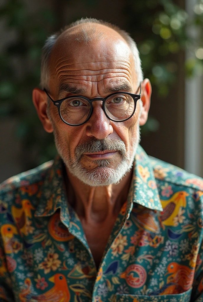 a bald man of approximately 50 years, With dark eyes wearing glasses and a bird's shirt