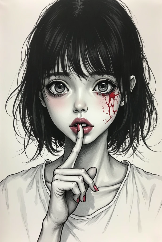 ultra-detailed:1.3, ultra delicate and detailed face:1.3, (absurdres, texture, masterpiece), oil painting, soft warm color, ennui, virginity, pixiv contest winner, by Posuka Demizu, dynamic manga-style illustration of slender girl with applying red pigment to her lips with her finger, moist eyes, moist lips, head tilt,
