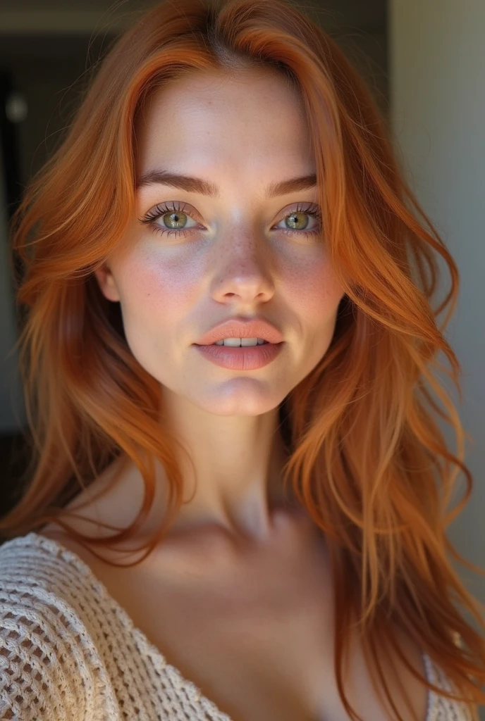 PROMPT: Realistic photo [a woman], [25 years old], [“Lobeliana“], [light brown eyes], [straight red hair], [beautiful and sensual body, with full body], She is natural, She is natural and ultra realistic, She is photogenic and model, She is taking a selfie, photo for Instagram post.