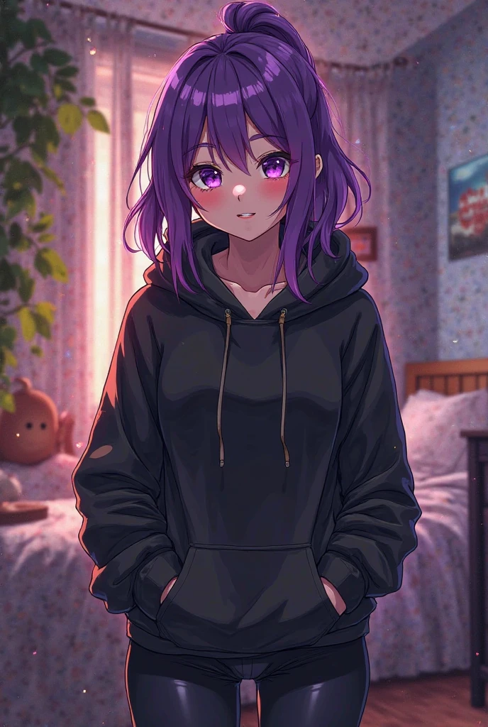 Girl with violet hair in a pastel hoodie, sitting on her bed in her cozy messy big room with lots of string lights at night