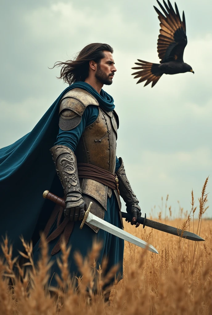  high quality, 8K Ultra HD, 1man, tall, slender, dark brown skin, shoulder length brown hair, curved knife with thin blade and long handle, armor, dark blue cape, kestrel flying in the air above him, field of grain, windy, cloudy, blowing pollen 