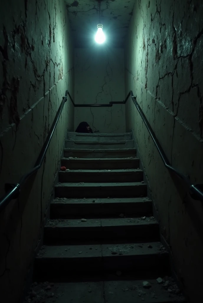 A  set of stairs white no light and is ptch black of a flat complex where a 12 year old boy fell down and broke his leg