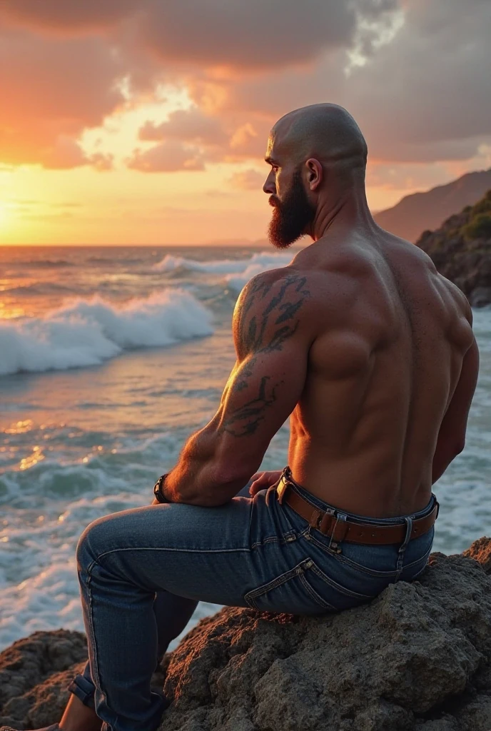 A bald man with tattoos looking at the horizon