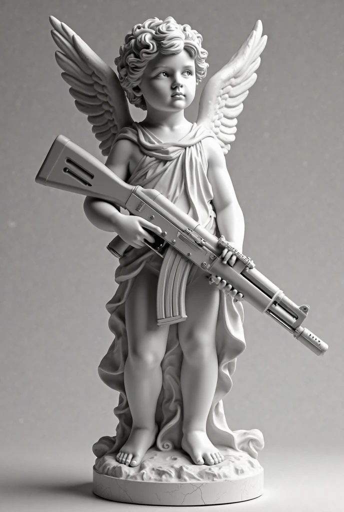 black and white drawing. Angel with a machine gun in his hands. sculpture. Angel . Little Angel