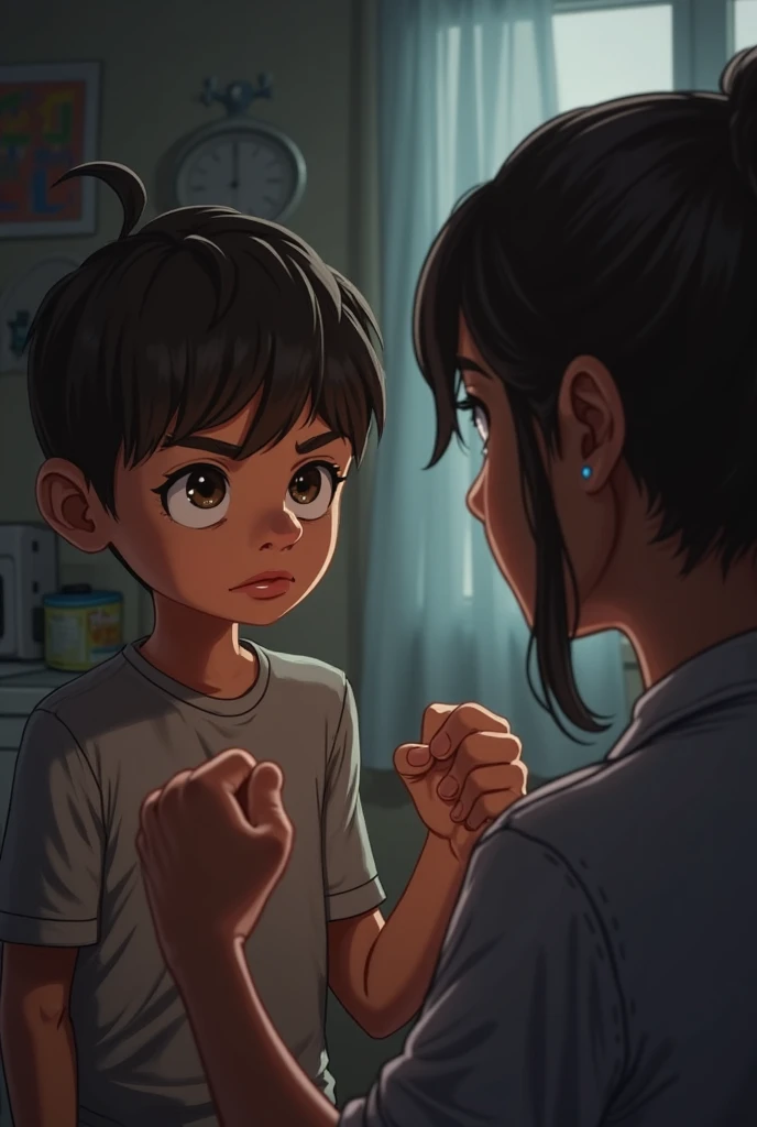 Viñeta 1:

Enfermera Maria: "Hello, Juan. Soy la enfermera Maria. I am here to help you. How do you feel today??"

John the Child: [roughly] "I feel like shit. Is that what you wanted to hear??"

Expansion: From the beginning, Juan shows his hostility. Maria, without losing calm, understands that Juan&#39;s attitude is a symptom of his disorder.
create images 