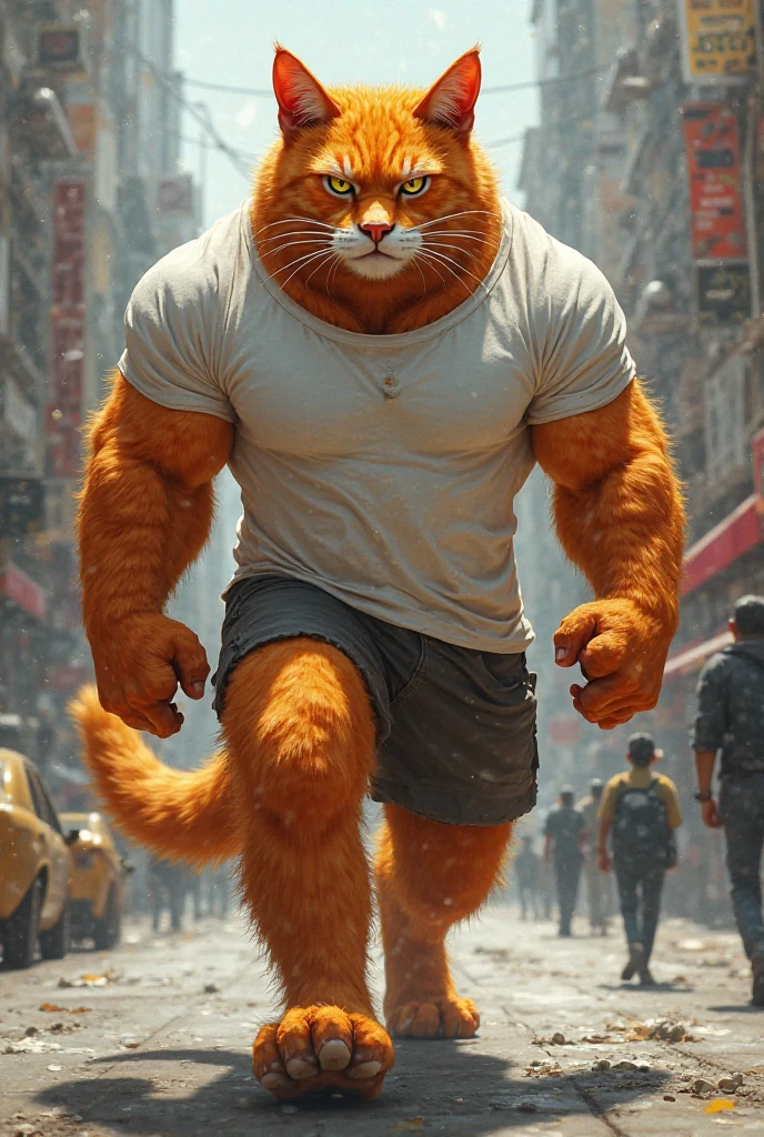 A bodybuilder cat is walking on the road and children are getting excited after seeing it, both young and old.
