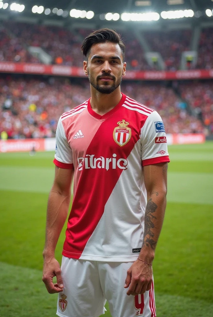 a River Plate soccer player, argentina with (un balón de futbol tango de adidas tomado with el brazo derecho), with (A white shirt and a 15-centimeter red stripe that starts at the left shoulder and crosses to the waist on the right side), (on the chest area on the red stripe) has (un escudo with las iniciales en la parte superior del escudo C A e inferior del escudo R P.)