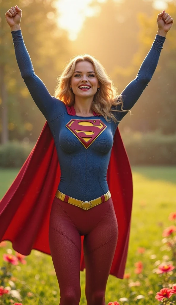 Sexy supergirl, softly smiling, standing in Central Park