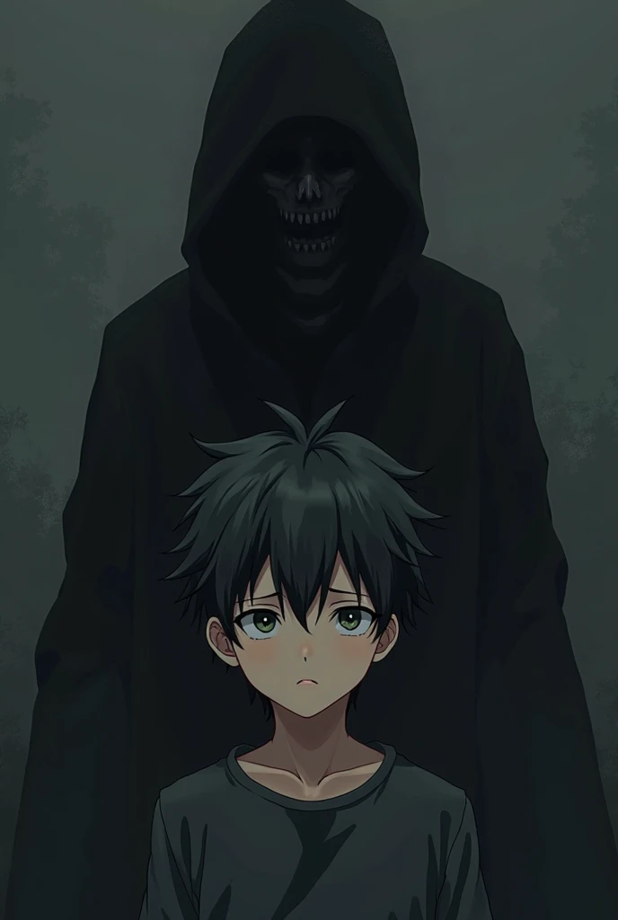 Anime style, anime version, anime draw, Metalhead boy, Black long hair boy, close face, pale skin, vampire, dark theme, Skull mask, lsdo brand, tunic of ceifsdo, reaper's tunic , Reaper, ghost flying, green ghosts, soul eater