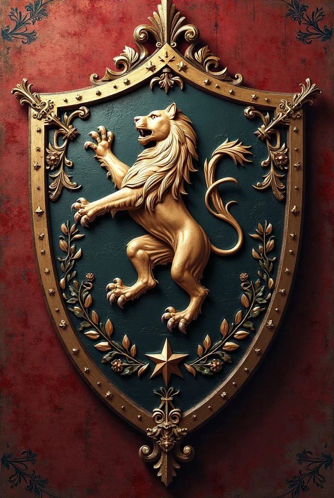 A shield divided into four parts. In the upper left and lower right corner, there is a golden lion on a red background, symbolizing courage and royalty. In the other two corners, there is a silver tower on a blue background, representing strength and vigilance.