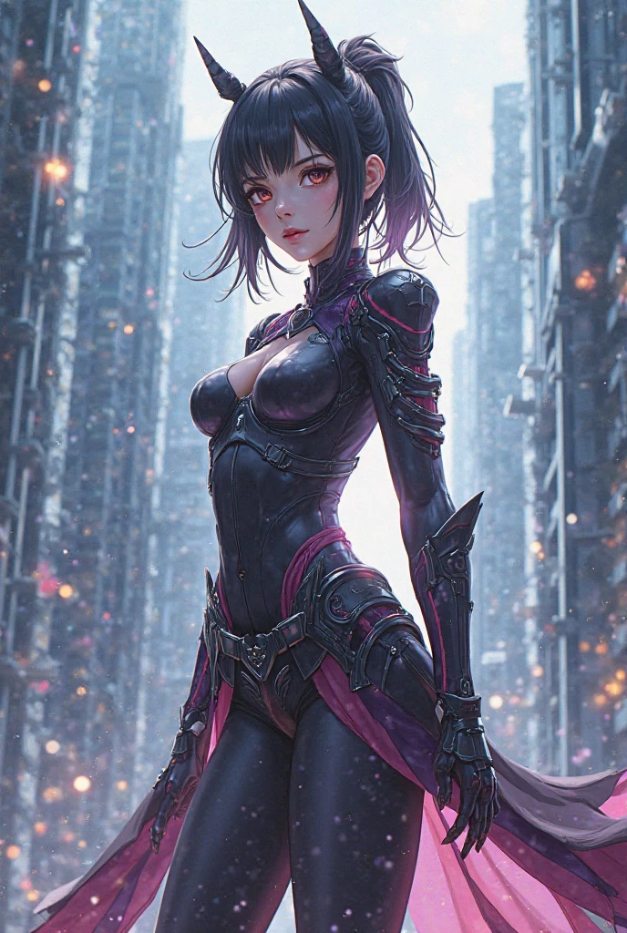（（hold a knife、Landscape））、Black rose hair ornament、black bodysuit、full body tights、（black hair、short hair、short hair）、（purple eyes、black pupil、long slit eyes、sharp eyes、slanted eyes）、Purple lips、black mask、big earrings、adult woman、beautiful feet、thin waist、black high heels、black gloves、black choker、detailed face、Super high quality、detailed decoration、8K、（big full moon、Purple light、night scene background、row of buildings、night sky、neon light）、No exposed skin、Black Wolf、dog tail
