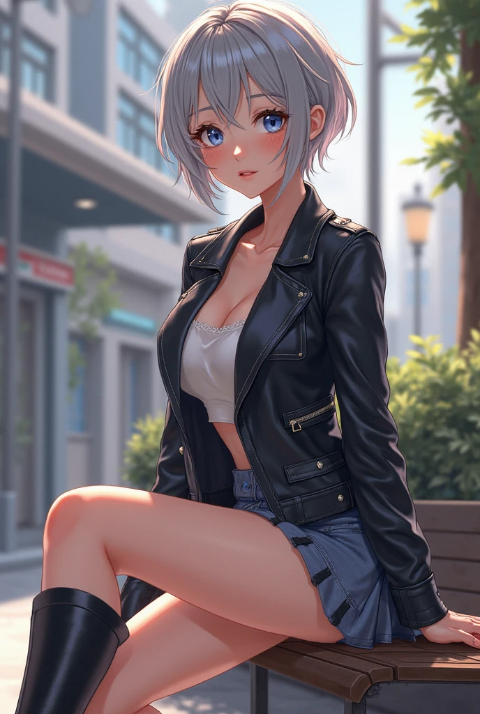 takeda hiromitsu style,(((masterpiece, Highest quality:1.5,Absurd))),20 year old beauty,alone,((very small head)),Short Bob Hair,bangs,Dark brown hair,Brown eyes,smile,Medium chest,((Very long body)),((Toned body,Slender body)),skinny,Glowing Skin,Shiny skin,White T-shirt and blue denim jacket、denim micro shorts、on the road,Tokyo、