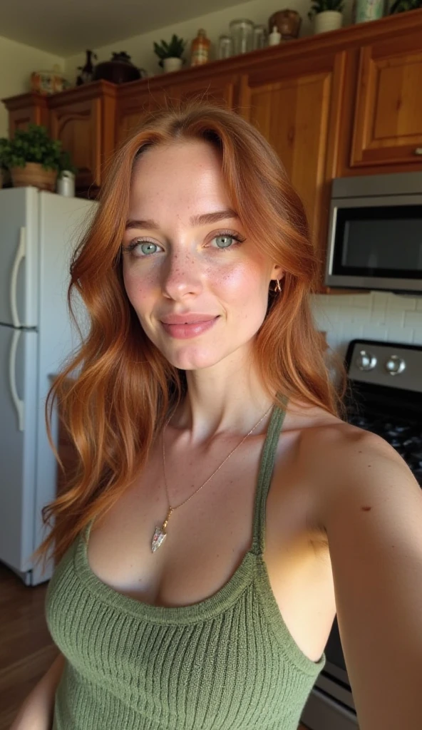 une femme de 25 ans, rousse aux yeux verts, nue, portant simplement un tablier de cuisine et cuisinant un gateau