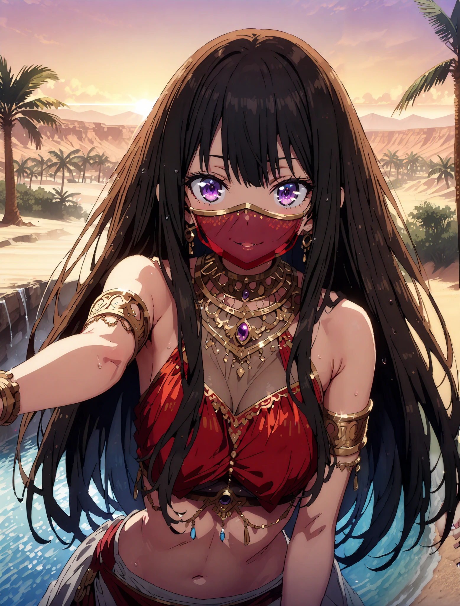 score_9, score_8_up, score_7_up, source_anime,
Takiuchikami, check it out, long hair, bungs, black hair, purple eyes,smile,blush,Arabian clothing, dancer , mouth Veil, belly Dancing, Veil, Armlet,is standing,Bare legs,palm tree, water, Dancing,full bodyがillustration for both eyesに入るように, break looking at viewer,full body,
break outdoors, desert, oasis,
break (masterpiece:1.2), top quality, High Resolution, Unity 8K Wallpaper , (illustration for both eyes:0.8), (beautiful detailed eyes:1.6), has a very detailed face, perfect lighting, extremely detailed CG, full body写真,(perfect hand, perfect anatomy),