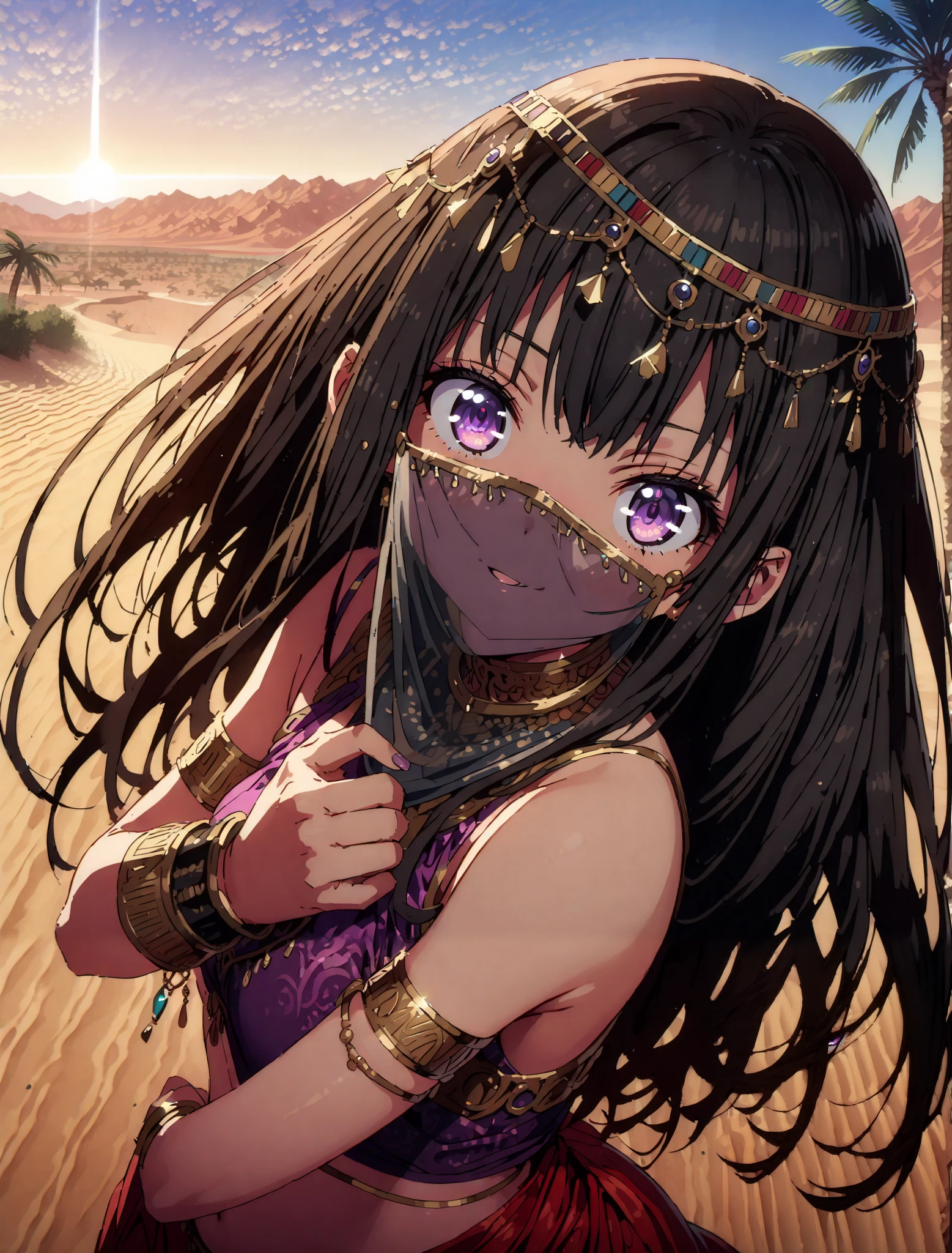 score_9, score_8_up, score_7_up, source_anime,
Takiuchikami, check it out, long hair, bungs, black hair, purple eyes,smile,blush,Arabian clothing, dancer , mouth Veil, belly Dancing, Veil, Armlet,is standing,Bare legs,palm tree, water, Dancing,full bodyがillustration for both eyesに入るように, break looking at viewer,full body,
break outdoors, desert, oasis,
break (masterpiece:1.2), top quality, High Resolution, Unity 8K Wallpaper , (illustration for both eyes:0.8), (beautiful detailed eyes:1.6), has a very detailed face, perfect lighting, extremely detailed CG, full body写真,(perfect hand, perfect anatomy),